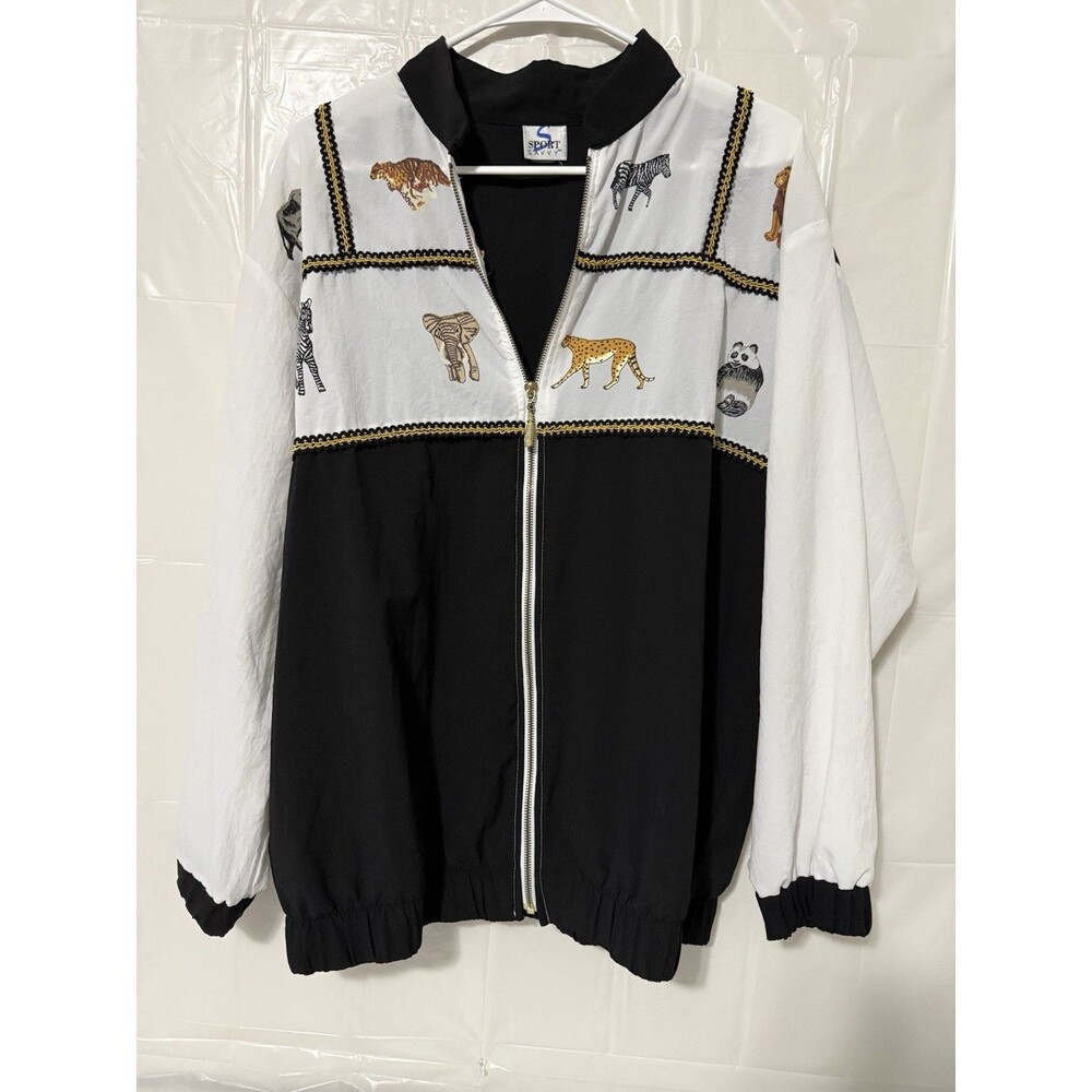Vintage Sport Savvy Safari Animal Print Zip Jacket Women’s L Zebra Lion Elephant